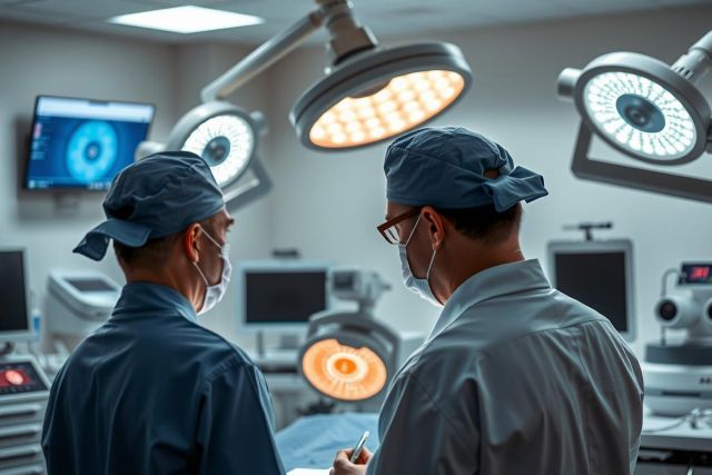 The image depicts an operating room with medical personnel. Two surgeons are in the foreground wearing surgical attire, one of whom is holding a clipboard. They appear to be engaged in discussion. The operating table is equipped with various surgical instruments and a patient is visible on the screen, suggesting they are preparing for or in the midst of a medical procedure.