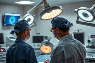 The image depicts an operating room with medical personnel. Two surgeons are in the foreground wearing surgical attire, one of whom is holding a clipboard. They appear to be engaged in discussion. The operating table is equipped with various surgical instruments and a patient is visible on the screen, suggesting they are preparing for or in the midst of a medical procedure.