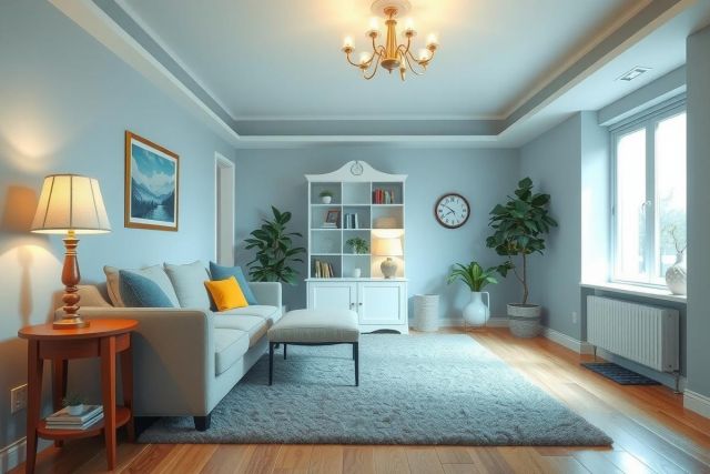 Cozy living room interior with a gray sofa, blue accents, and natural light. Features a white bookcase, area rug, and warm wood floors. A bright, inviting space showcasing home decor.