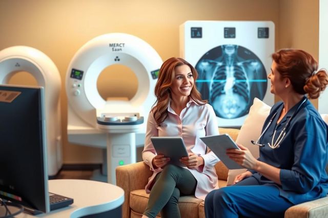 The image shows two women in a medical setting, likely a radiology office. One woman is wearing casual clothing and appears to be the patient receiving instructions from the other woman who is dressed in medical scrubs, suggesting she is a healthcare professional providing information about an upcoming medical imaging scan.