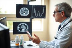 The image depicts a medical professional in an office setting, surrounded by diagnostic equipment. Key visual elements include a doctor wearing a stethoscope and glasses, with a digital device in hand possibly related to patient care or monitoring.