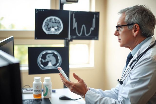 The image depicts a medical professional in an office setting, surrounded by diagnostic equipment. Key visual elements include a doctor wearing a stethoscope and glasses, with a digital device in hand possibly related to patient care or monitoring.