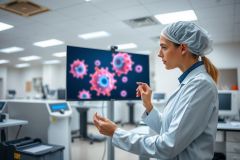 Scientist in lab coat and mask examines data on a screen displaying virus images.  The scene highlights research, healthcare, and scientific analysis in a modern laboratory setting.