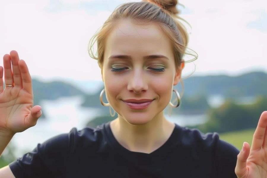 The image features a person with their eyes closed, in a pose that suggests they are meditating or practicing yoga. The individual has their hands raised to the forehead level, and there is a serene backdrop of greenery, possibly near a body of water given the distant view of calm waters.