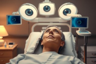 The image depicts a modern medical setting with advanced technologies. A patient is lying on a hospital bed equipped with multiple medical devices, The environment conveys precision and cutting-edge care indicative of a specialized healthcare facility.