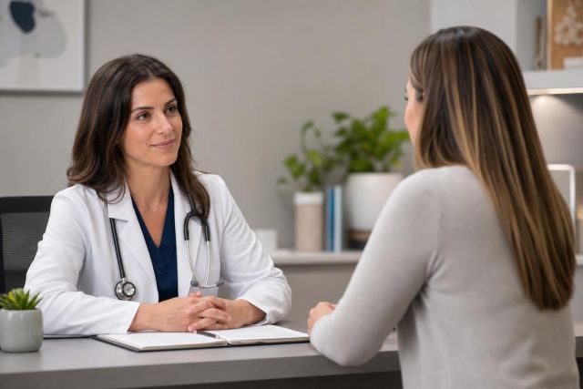 Doctor in white coat consulting a patient at desk in a calm clinical office.