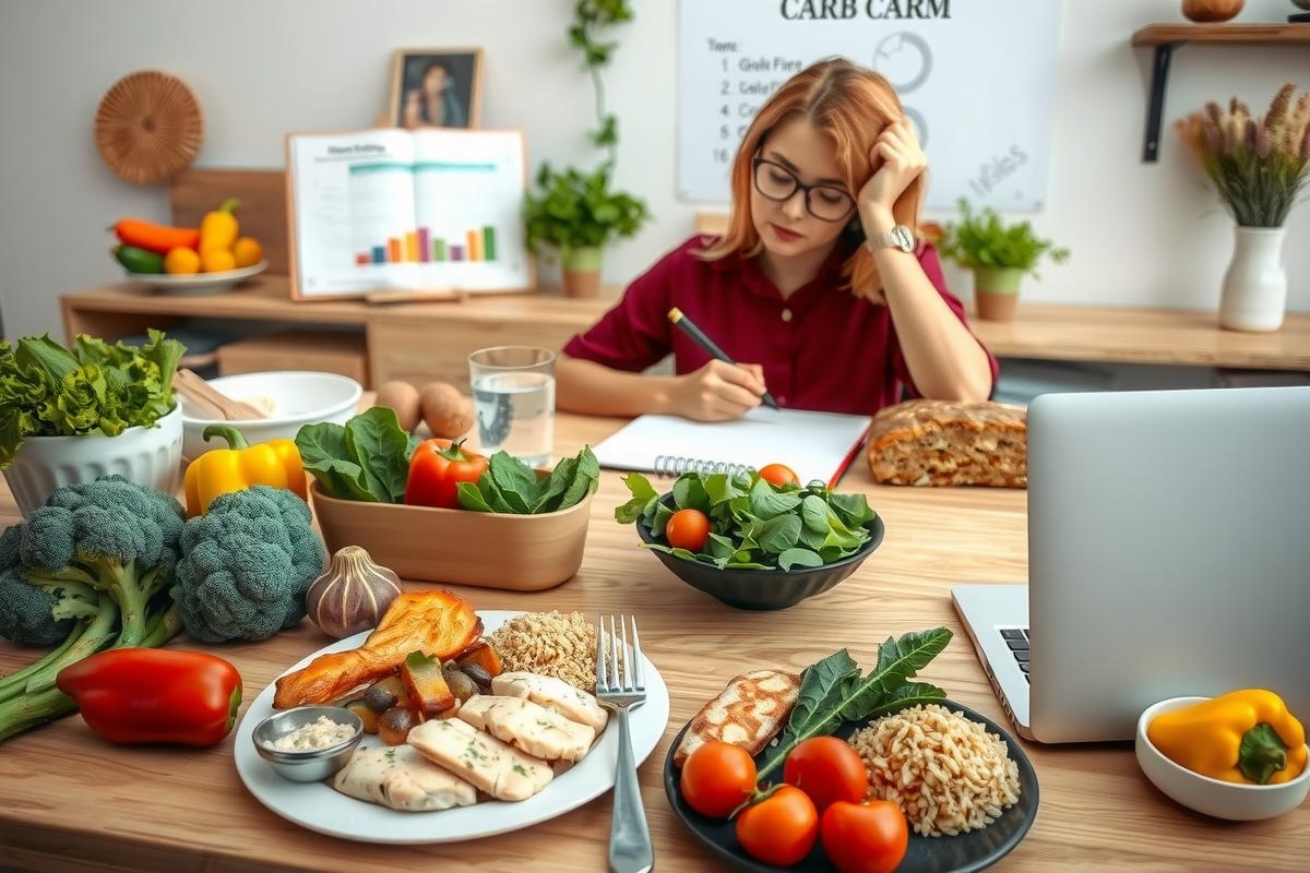 Image of a woman sitting at a desk filled with healthy foods like fruits and vegetables. She appears to be writing or studying. Her workspace is neat, organized, and includes various fresh ingredients suggesting the focus on nutrition and possibly her involvement in culinary education or meal planning.