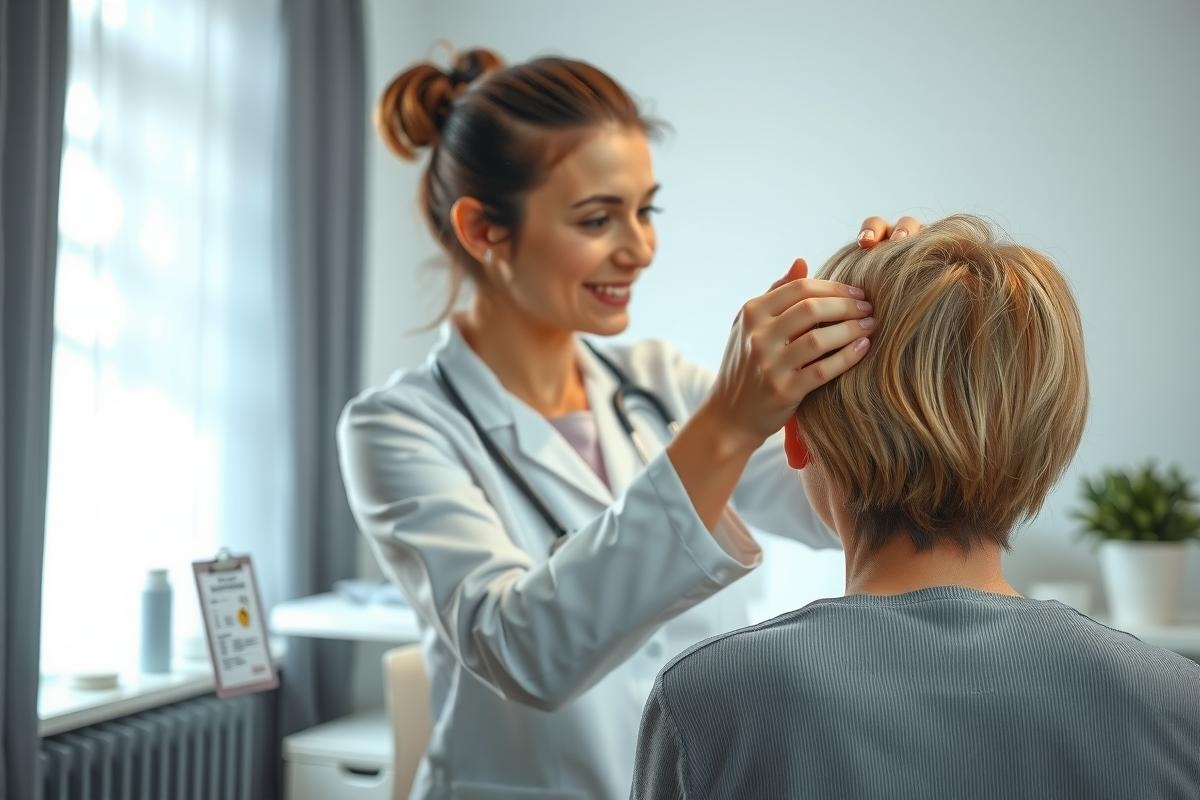 Doctor examining a patient during a consultation. Healthcare professional in a white coat interacts with a patient in a clinic setting. Focus on medical checkup, patient care, and doctor-patient relationship. Clinical environment, professional setting.