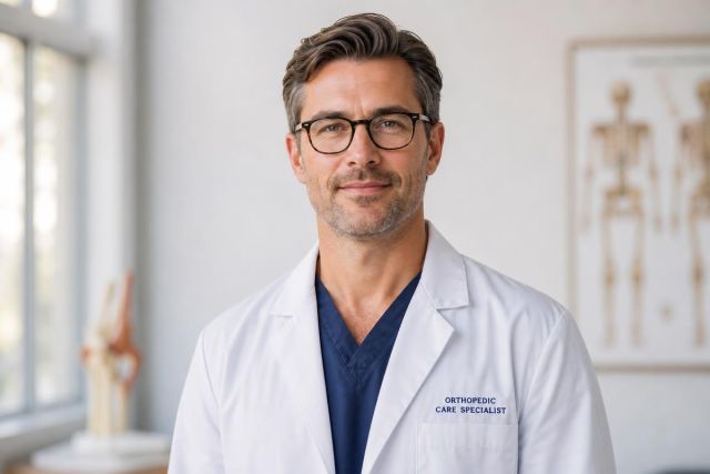 Orthopedic specialist in clinic setting wearing lab coat, skeletal chart and knee model visible.