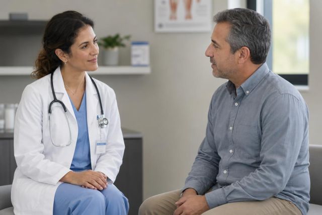 Doctor consulting calmly with middle-aged male patient in a clean outpatient clinic room.