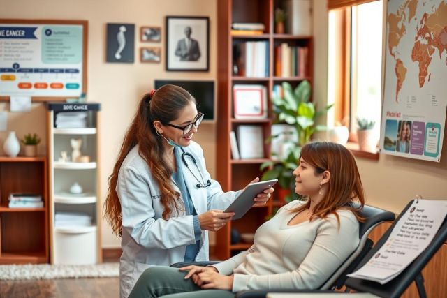 In this image, a healthcare professional is conducting an examination of a female patient. The doctor is standing to the left and appears to be discussing or showing something on a device she's holding. The patient is seated to the right, looking at the screen of the device with interest. The setting suggests a modern, clean dental office, equipped with professional furniture such as chairs and shelving units containing dental supplies.