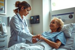 In the image, a professional female doctor is seen interacting with an elderly female patient in a hospital setting. The doctor is attentively talking to the older woman who is lying on a bed. 