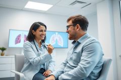 Doctor consults with a patient in a modern medical office. The scene features a female physician in a white coat discussing health with a male patient, with a lung X-ray displayed on a monitor. Blue and white tones dominate, suggesting a clean and professional healthcare setting.