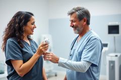 Healthcare professionals in blue scrubs interacting in a medical clinic. A doctor and nurse examine a medical device. Bright, clean environment with medical equipment in the background. Represents teamwork, patient care, and healthcare technology.
