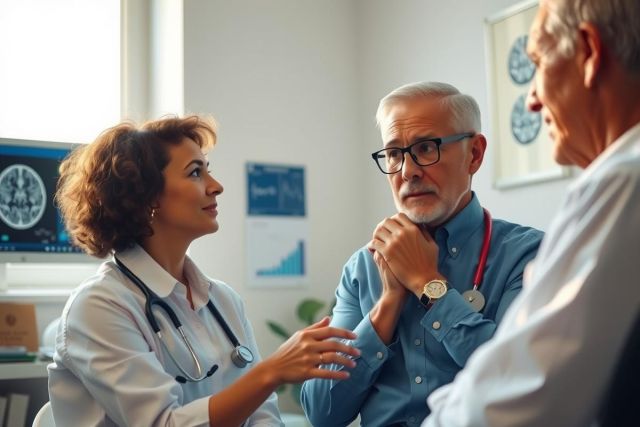 Doctors meet with a patient in an office. The scene features a healthcare professional discussing a diagnosis with an anxious male patient, highlighting the doctor-patient relationship and medical consultation.