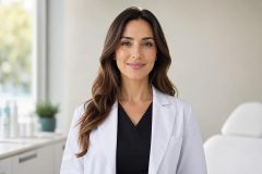 Female cosmetic clinician in a clean consultation room presenting a professional, trustworthy editorial portrait.