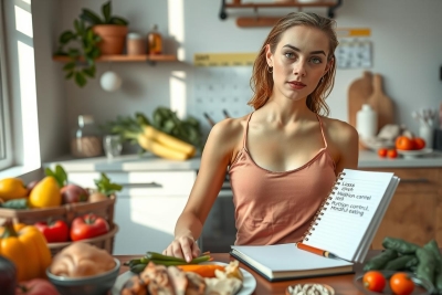 This image captures a scene in a kitchen, where a woman is seated at the counter. She appears to be taking notes in a notebook. The kitchen is well-stocked with fresh produce such as bananas and oranges.