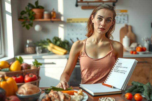 This image captures a scene in a kitchen, where a woman is seated at the counter. She appears to be taking notes in a notebook. The kitchen is well-stocked with fresh produce such as bananas and oranges.