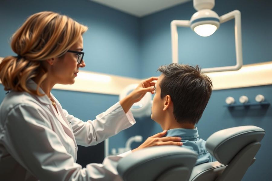 Doctor examining a patient during a check-up. The scene takes place in a medical office with bright lighting and modern equipment. Focus on healthcare and patient care.