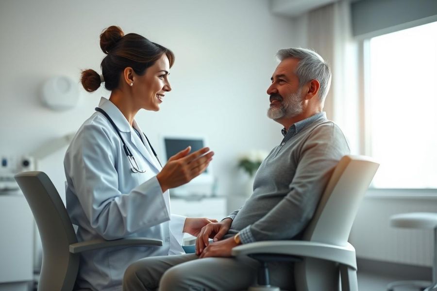 A doctor in a white coat consults with a male patient in a bright, modern clinic. The scene depicts a healthcare consultation with a focus on patient care and communication. Warm, natural light fills the room, creating a reassuring atmosphere.