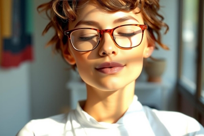 The image features a woman with her eyes closed, possibly in a moment of calm or meditation. She has glasses on and short hair, and is wearing a white shirt. The lighting suggests an indoor setting with natural sunlight coming from the side, casting a soft glow on her face.