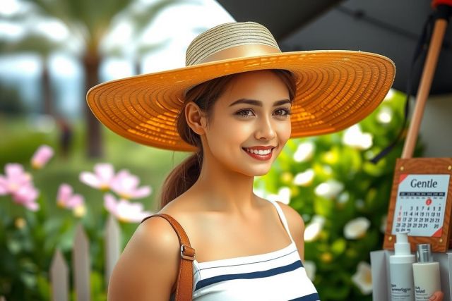 The image features a young woman wearing a large straw hat, sunglasses, and a sleeveless top. She is standing outdoors under a blue sky with palm trees in the background. There are also pink flowers around her. 