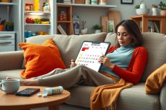 A woman sitting on a couch using a tablet to look at her calendar, with various items such as oranges and books around. She appears comfortable in her living room.