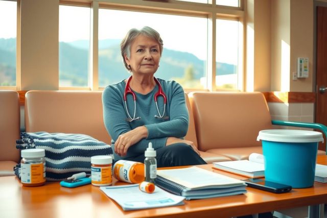 The image features a middle-aged woman, possibly a doctor or nurse, seated at a desk with various medical supplies. She is wearing a stethoscope and has a thoughtful expression on her face. The room appears to be an office or clinic, with natural light coming through the window, suggesting it's daytime. There are pills and medical books visible on the desk. The woman seems to be reviewing patient information or preparing for a consultation.