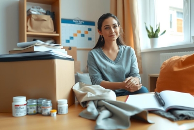 The image shows a woman seated at a cluttered desk, surrounded by various items including books and papers. She is smiling and appears to be engaged in a positive activity or conversation. The room has a cozy ambiance with soft lighting and a window allowing natural light to enter. The presence of pills and personal items suggests that this might be a domestic setting.
