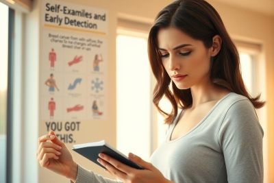 A woman wearing a grey top is focused on a file in her hand, possibly looking at a medical record or application. She is sitting at a desk, the natural light suggesting it may be daytime. The setting is reminiscent of an office setting with informational posters on the wall.