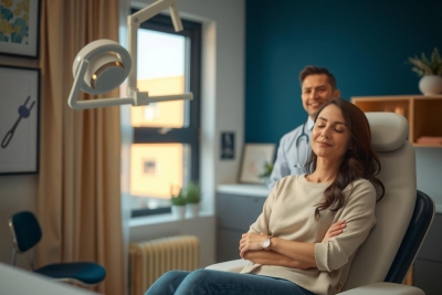 The image shows an interior medical office setting where a patient is being examined. A female patient is seated in a chair, arms folded, and smiling at the doctor standing behind her. The doctor appears to be chatting or making a statement.