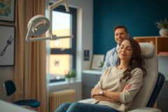 The image shows an interior medical office setting where a patient is being examined. A female patient is seated in a chair, arms folded, and smiling at the doctor standing behind her. The doctor appears to be chatting or making a statement.
