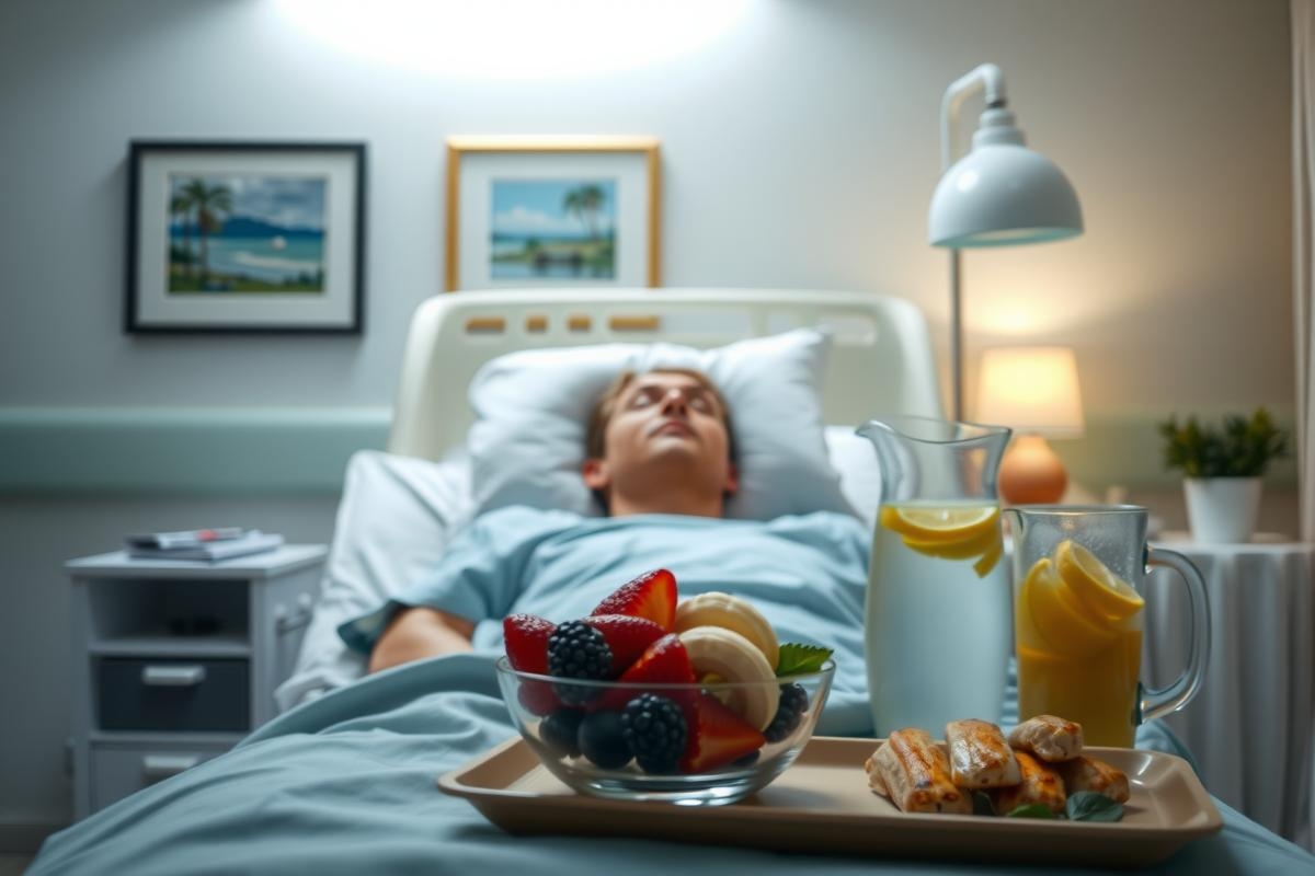 The image features a person lying in a hospital bed, with a tray of fresh fruit and juice placed nearby. The environment suggests the patient is being cared for and enjoys refreshments. There are various fruits on display, including berries and oranges, which add color to the scene.