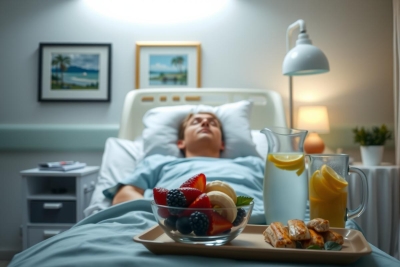 The image features a person lying in a hospital bed, with a tray of fresh fruit and juice placed nearby. The environment suggests the patient is being cared for and enjoys refreshments. There are various fruits on display, including berries and oranges, which add color to the scene.
