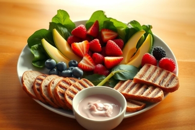 A plate of colorful fruit and crackers, sitting on a wooden table with a white bowl containing a smoothie beside it. The food is vibrant and fresh looking, suggesting healthy meal options.