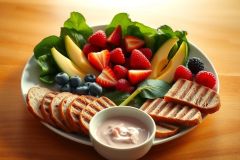 A plate of colorful fruit and crackers, sitting on a wooden table with a white bowl containing a smoothie beside it. The food is vibrant and fresh looking, suggesting healthy meal options.