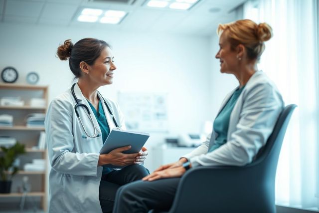 Doctor consults with patient in a bright, modern clinic. Healthcare professional uses a tablet during a friendly discussion. Medical consultation, wellness, and patient care concepts are conveyed in this warm, inviting scene with soft lighting.