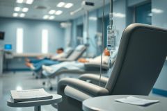 Medical clinic interior with patients receiving IV drips in comfortable recliners. Blue and gray color palette dominates the modern, clean environment. Focus on healthcare, infusion therapy, and a calm, clinical setting. Medical equipment and reading material visible.