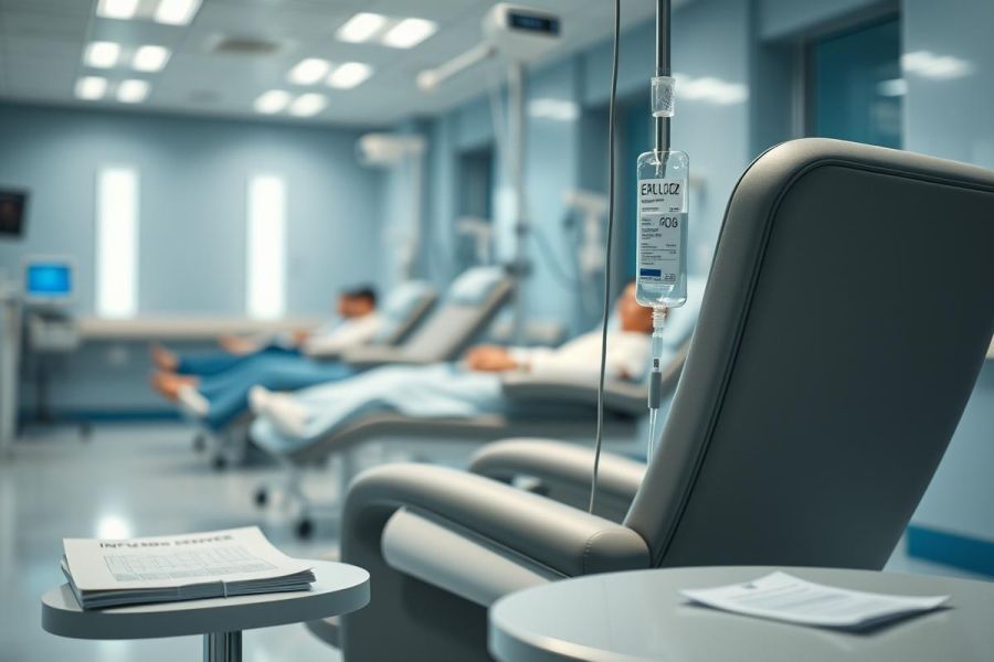 Medical clinic interior with patients receiving IV drips in comfortable recliners. Blue and gray color palette dominates the modern, clean environment. Focus on healthcare, infusion therapy, and a calm, clinical setting. Medical equipment and reading material visible.