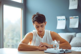 The image shows a person in an office setting. The individual, who appears to be a young adult, is wearing a white sleeveless top and is seated at a desk with their head down on the desk, elbows resting on its surface.