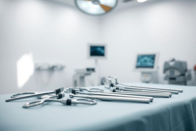Surgical instruments laid out on a blue surgical table in a blurred operating room setting. Stainless steel tools are visible under bright overhead lighting, suggesting a medical or healthcare context. Clean, sterile environment with monitors in the background.