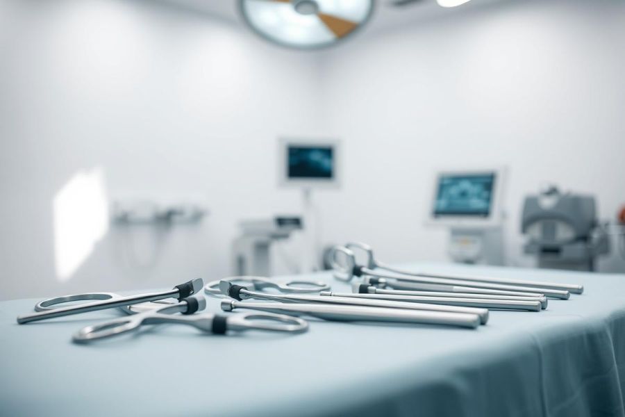 Surgical instruments laid out on a blue surgical table in a blurred operating room setting. Stainless steel tools are visible under bright overhead lighting, suggesting a medical or healthcare context. Clean, sterile environment with monitors in the background.