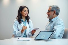 Doctor consultation: A female physician in a white coat discusses patient health with a senior man. They are in a modern, light-filled office setting, using a tablet for review. Healthcare, medical appointment, and patient care themes are evident.