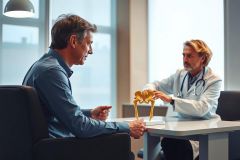 Doctor consults with a patient in a bright, modern medical office. The scene features a man and a physician discussing a hip anatomy model. Blue and white tones dominate the image, suggesting a professional healthcare setting. Focus on orthopedic consultation and patient education.