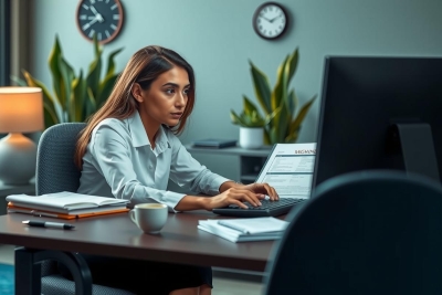 A focused young woman working on a laptop in an office environment. She is wearing professional attire, and the desk has various work-related items.