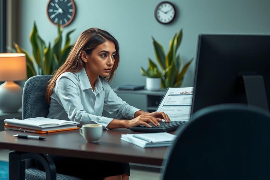 A focused young woman working on a laptop in an office environment. She is wearing professional attire, and the desk has various work-related items.