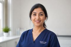 Smiling dental care specialist in clinic wearing navy scrubs, professional portrait for editorial.
