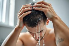 Man washing hair in shower. Close-up portrait shows water droplets and a clean, modern bathroom setting. Focus on grooming, hygiene, and self-care with a neutral color palette and natural lighting.