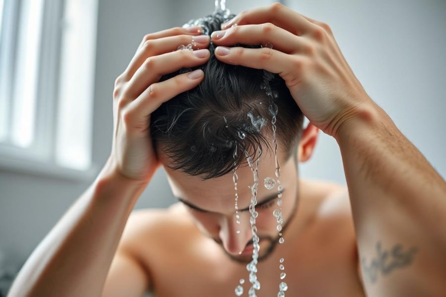 Man washing hair in shower. Close-up portrait shows water droplets and a clean, modern bathroom setting. Focus on grooming, hygiene, and self-care with a neutral color palette and natural lighting.