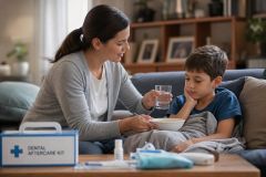 Parent comforting child on sofa after dental treatment, offering water and aftercare supplies.